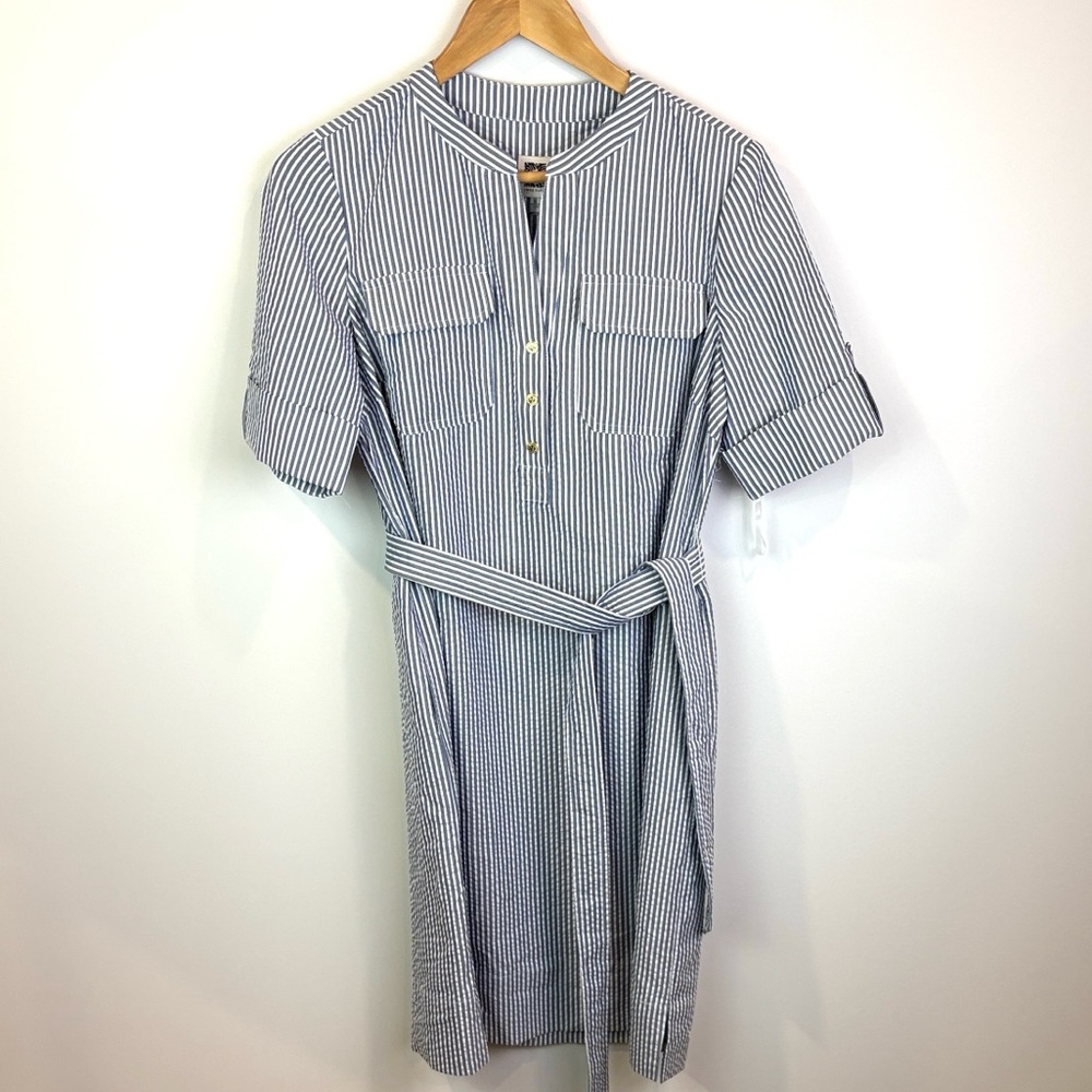 NWT Anne Klein seersucker Striped Blue and White Belted Dress size S